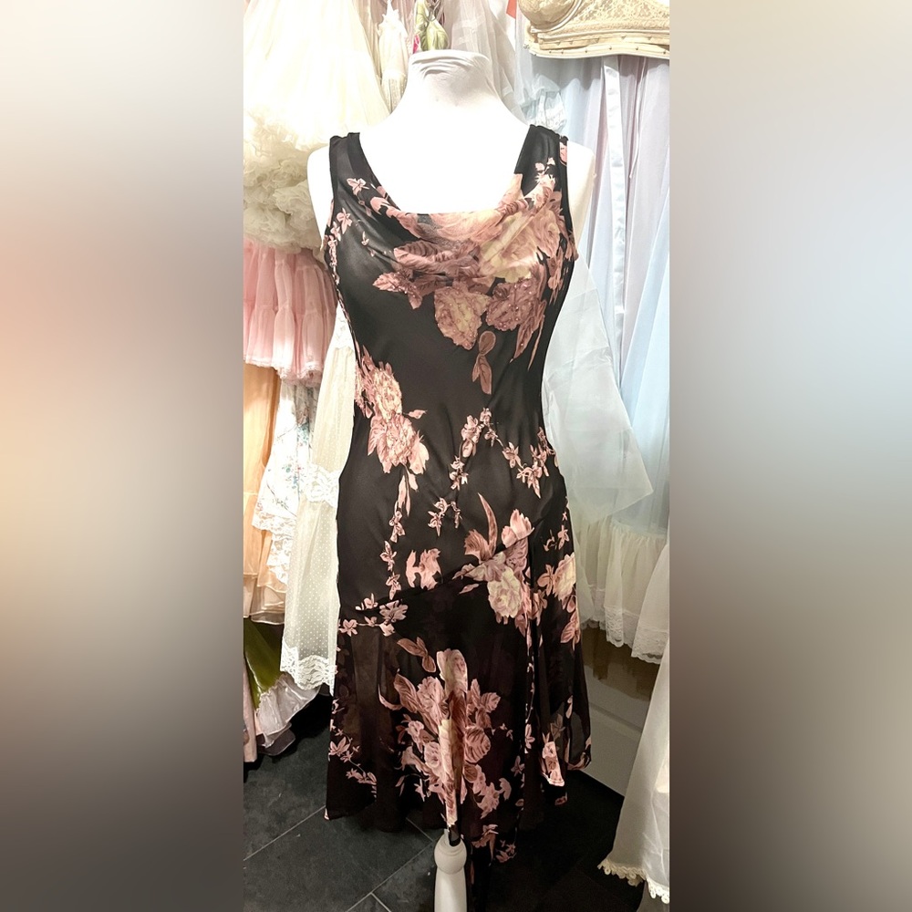 Blumarine 💗 vintage 90s floral asymmetric sheer beaded midi dress